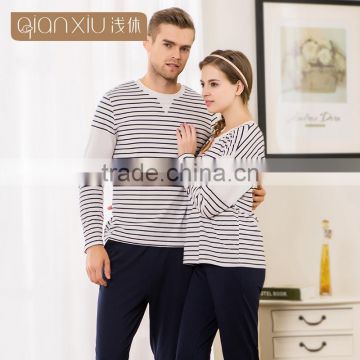 Top Selling Qianxiu Wholesale Long Sleeved Popular Striped Women Men Couple Casual Cotton Pajamas