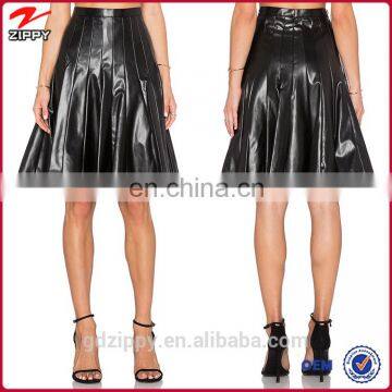 Black Plated Knee Length Women Leather Skirt