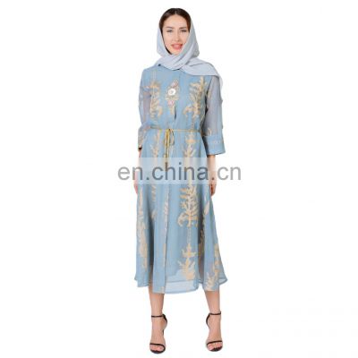 Wholesale Price New Ethnic Long-sleeved Double-layered Loose with Belt Turkey Muslim Elegant Dress Islamic Clothing