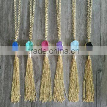 Trendy Colorful Druzy Drusy Stone Pendant Long Gold Tassel Necklace