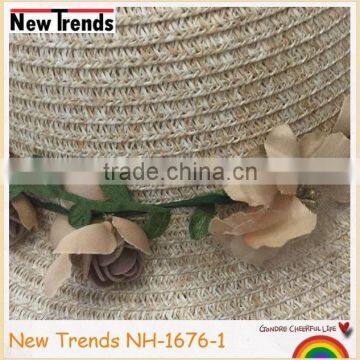 2016 Summer natural color girls straw paper hat with flower