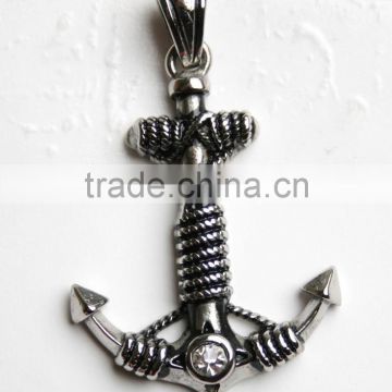 Stainless Steel Pendant- bright finish Navy anchor with Black wash rope around and Clear gem at the bottom