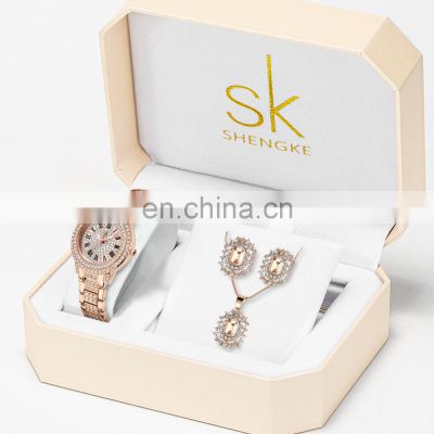 SHENGKE k0162l Fashion Hot Selling Diamond Watch Alloy Strap Watch Gift Sets Ladies Watch Set Box Gift