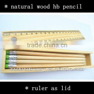 School kids pencil set natural wood hb pencil eco stationery in wooden box with ruler