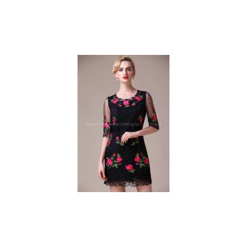 2016 decorative openwork stitching and embroidered vintage flower, elegant long sleeve design, high-grade dress