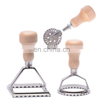 Ravioli Stamp Maker Cutter with Roller Wheel Set, Wooden Handle and Fluted Edge, Pasta Press Kitchen Attachment
