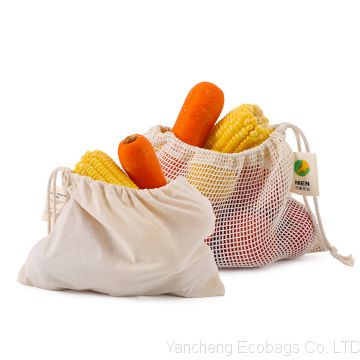 100% Organic Cotton Reusable Mesh Drawstring Bag Fruit Vegetable Produce Bag Eco Friendly Biodegradable Spliced cotton mesh bag