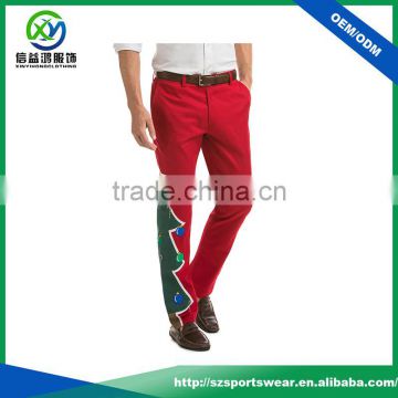 Popular OEM custom mens red color high quality 100% polyester sublimation sports pants with christmas tree pattern