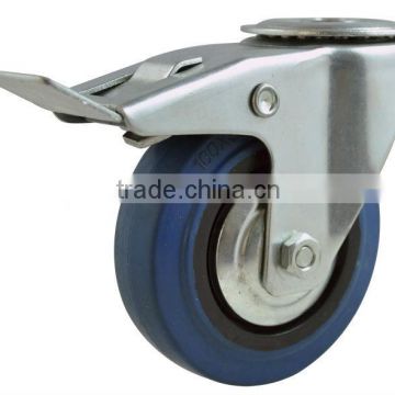 caster trolley wheel, blue elastic rubber caster, hollow stem, bolt hole swivel with total brake.