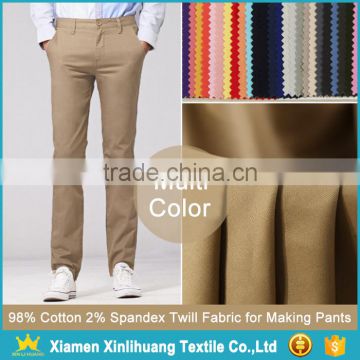 High Grade Woven Dyed 98 Cotton 2 Spandex Twill Fabric for Making Pants