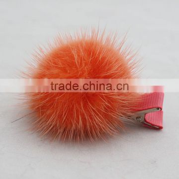 Myfur Bright Orange Color Customized Mink Fur Pom Pom Hairpin Accessory