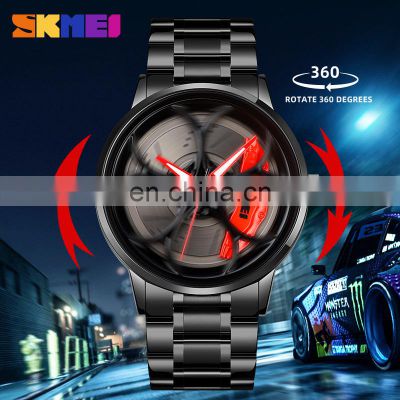 Reloj skmei 1990 New Car Hub Design Waterproof Watch Men's 3D Skeleton Dial Watch Stainless Steel Quartz Car Watch