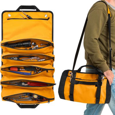 Heavy Duty Tool Roll Bag Organizer - Travel roll up tool bag with 6 Zip Organizer Pouches