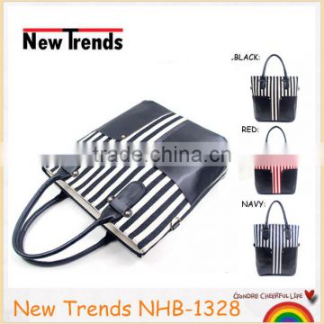 Stripes print canvs and PU handbag for school shopping and work
