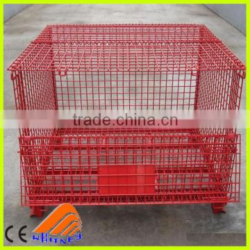 welded wire mesh container, power coated storage container, red container
