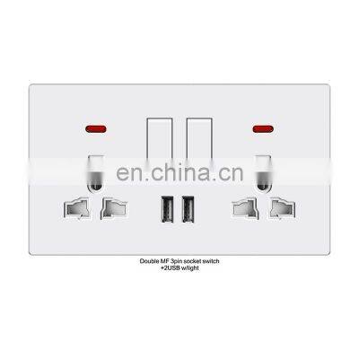 New white flame retardant PC panel electric wall switch socket with 2USB port dual MF3 pin socket switch with light