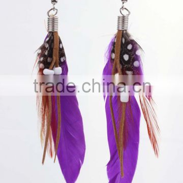 Hot party purple Long feather earring with cheap feather dangle drop earring wholesale