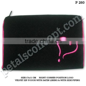 Velvet zip pouch with satin lining
