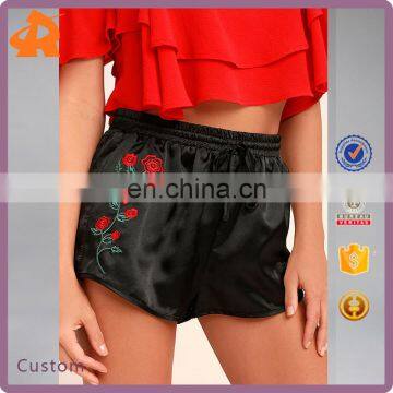 China Product Woman Hot Sale New Design Eembroidery Black Satin Shorts Wholesale
