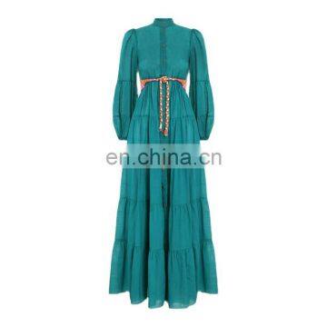 TWOTWINSTYLE Bohemian Dress For Women Temperament Stand Collar Lantern Long Sleeve High Waist Sashes