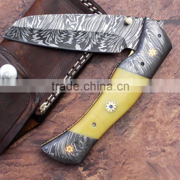 A MARVELOUS QUALITY WITH ORIGINAL YELLOW G-10 HANDLE HANDMADE DAMASCUS STEEL HUNTING / FIGHTING FOLDING KNIFE