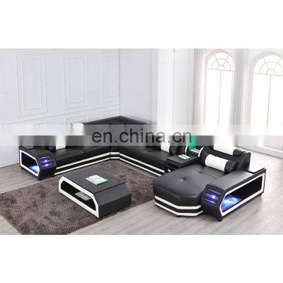 Modern U shaped sectional couch with LED leather living room sofa set furniture
