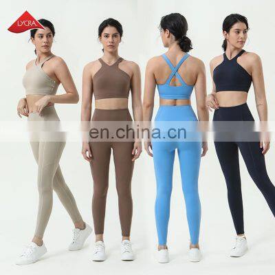 Comfortable Lycra Spandex Two Piece Yoga Suit Set Sexy Bra Match High Waist Pants Fitness Gym Set Workout Active Wear For Women