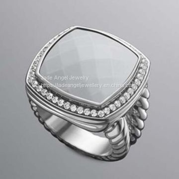 Fine Jewelry 925 Sterling Silver 17mm White Agate Albion Ring