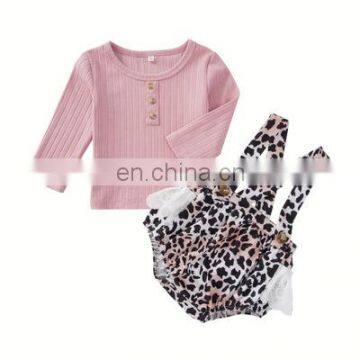 2020 Infant Baby Girls Short Sleeve Tops T-shirts + Lace Leopard Bib Pants Outfits Wholesale