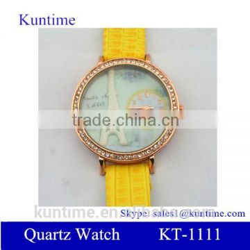 Business gift watch with Eiffel Tower Pattern Diamante Dial Leather Band Quartz movt Wrist Watch