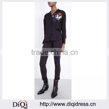 Wholesale Women Black Long Sleeves Hoxton Bird Embroidered Satin Shirt(DQE0108T)