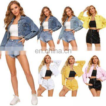 Hot selling Autumn Women's Clothing Retro Fashion Long-sleeved Denim Jacket Multicolor Casual Short Pocket Jean Jackets Ladies