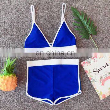 Triangle Sport Type Push Up Bikini Set With Shorts Splicing Vintage Swimsuit Women Patchwork Swimwear Sporty Bathing Suit Women