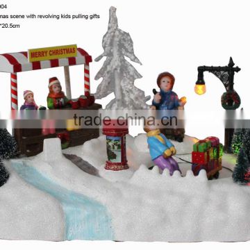 Christmas decoration LED christmas scene with revolving kids pulling gifts and 8 christmas songs