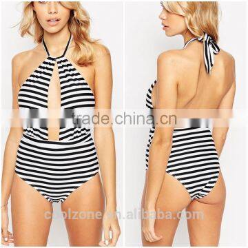 Halter neck stripe design ladies swimsuit sexy one piece beach wear swimsuit