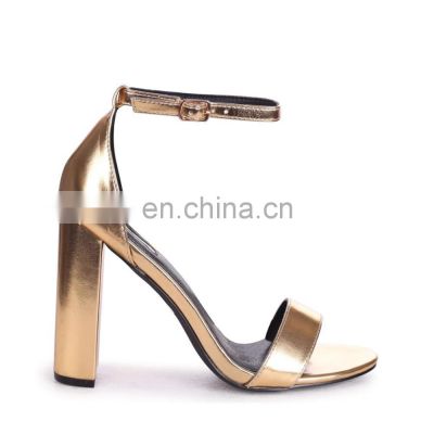 Golden fashionable ladies high block heels open toe ankle strap sandals shoes made in Spain