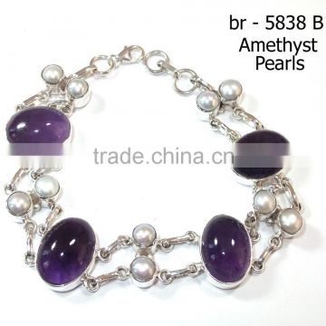 Amethyst gemstone pearl bracelet Solid 925 Sterling Silver jewelry