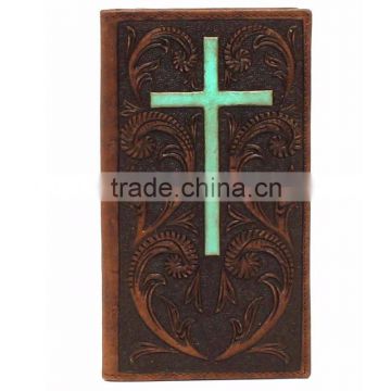 Mens Western Embossed Wallets Rodeo Leather Turquoise Cross Brown