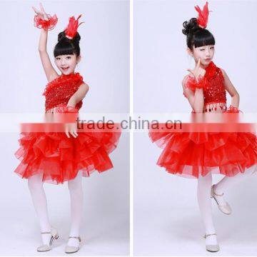 Beautiful Kids Ballroom Dancing Dress Clothes girls Sequined veil Children Girl Latin Dance Costumes with red color