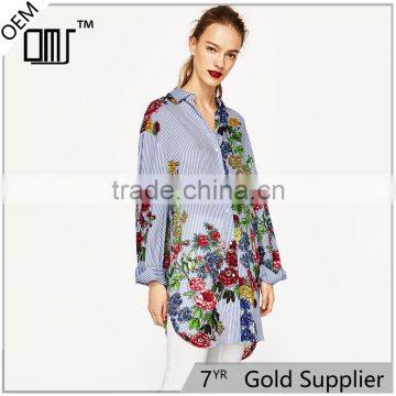 Designer office women wear floral print long sleeve striped shirt