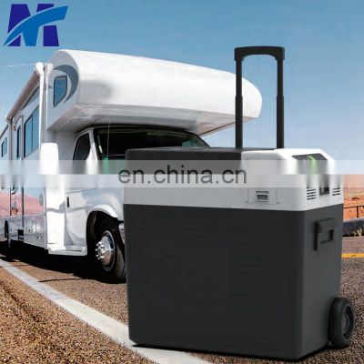 Camping foldable multi-functional home AC and car 12/24v dc dual use 40L travel portable car freezer with wheels and pull rod