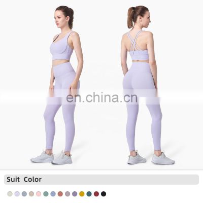 Women Fitness 2 Piece Yoga Sets Solid Color High Waist Legging Set With Pocket