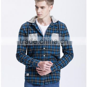 Cotton blue plaid pocket men's shirts with french terry hoodie