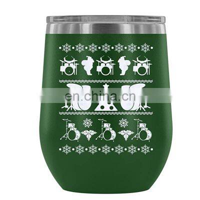 Custom Double Wall Stainless Steel 12oz Christmas Holiday Gift Insulated Wine Tumbler With Straw/Lid