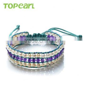 Topearl Jewelry Fashionable Potato Freshwater Pearl Bracelet Amethyst Bracelet Woven Leather Wrap Bangle CLL175