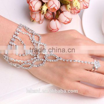 Handmade Shiny High End Crystal Finger Link Chain Ring Bracelet Jewelry