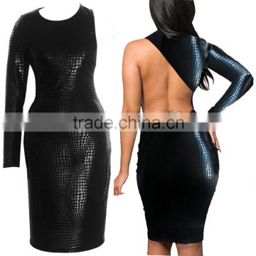 2016 wholesale cheap plus size sexy party snake black long sleeve faux leather bodycon bandage dress