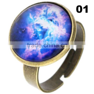 Wholesale Pretty Star Universe Galaxy Pattern Glass Cabochons Antique Bronze Tone Ring