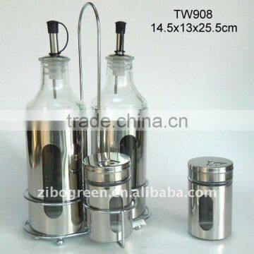 TW908 4pcs glass oil viegar salt pepper set with metal casing and rack