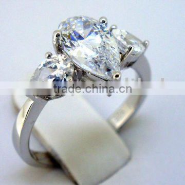 QCR014 three stone silver finger ring,rhodium plated silver CZ ring from jewelry dropship supplier